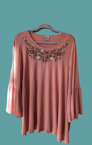 2000s Mauve Floral Embroidery Long Sleeve Pullover Top 2X