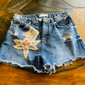 90s Blue Cotton Denim Reloved Vintage Antique Embellishment Tattered Shorts S