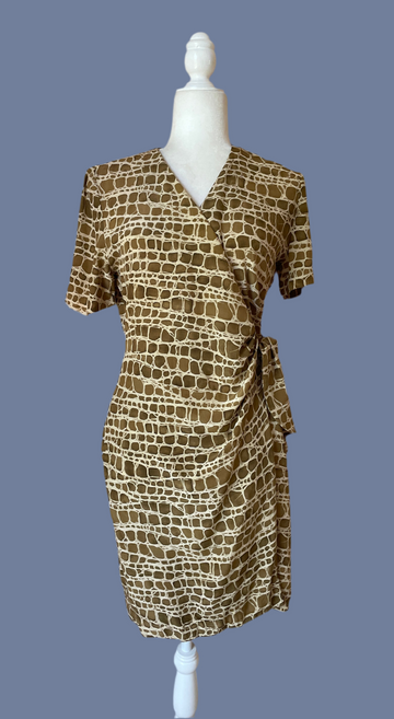 100% Silk Abstract Print Side Tie Day Wrap Dress M