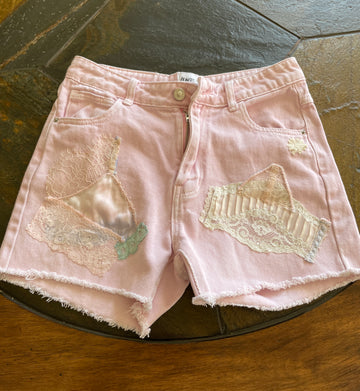 90s Cotton Denim ReLoved Vintage Lace Embellishment Pink Pastel Shorts S