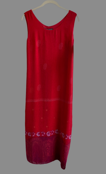 90s Vintage Red Paisley Floral Semi Sheer Poly Back Tie Sleeveless Summer Long Dress M
