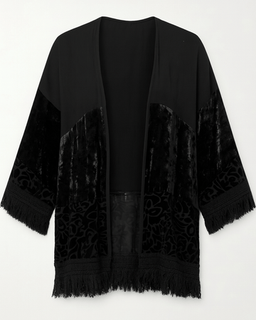 Black Velvet Fringed Open Front Boho Style Jacket Top M