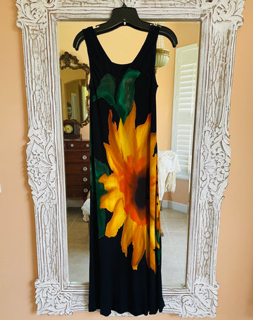 90s Artsy Black Rayon Sun Flower Painterly Long Dress. Sm