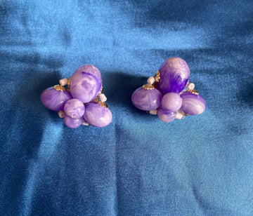 Vintage 50s Japan Purple Cluster Clip Earrings