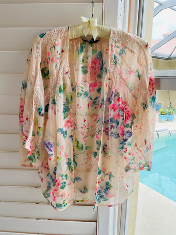 90s Sheer Poly Floral Pink Lace Loose Fit Open Front Lingerie Top S/M