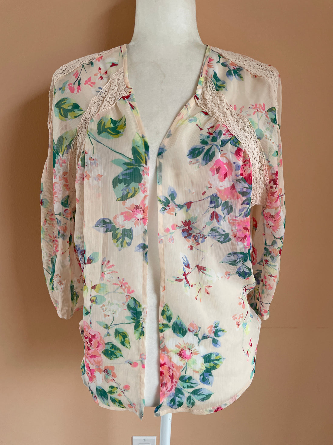 90s Sheer Poly Floral Pink Lace Loose Fit Open Front Lingerie Top S/M