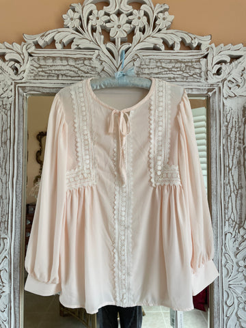 2000s Pale Pink Poly Lace Tie Neck Full Sleeve Pullover Blouse Top M/L