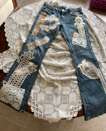 90s Vintage Calvin Klein Hand Stitched ReLoved Antique Vintage Lace Jeans S