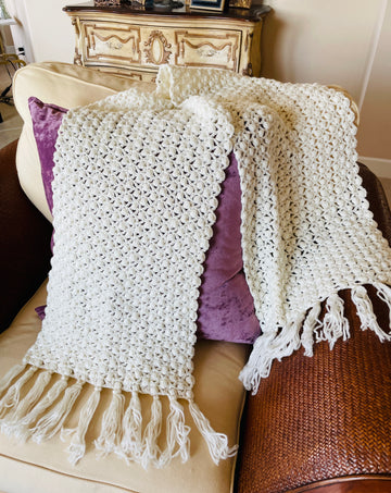 2000s Handmade Crochet White Fringed Acrylic Cozy Home Decor Throw Large Wrap.