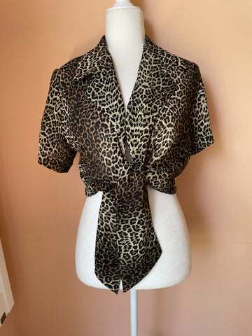 2000s Silky Poly Animal Print Cropped Tie Short Sleeve Top M