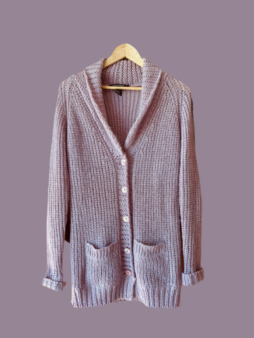 90s Vintage Mauve Acrylic Mohair Pockets Button Front Cardigan Knit Sweater M