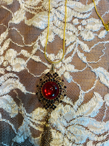 80s Vintage Red Glass Drop Chain Tassel Pendant Necklace New Gold Tone Snake Chain
