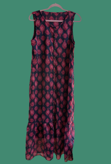 90s Vintage Floral Paisley Sleeveless Ruffled Boho Maxi Dress M
