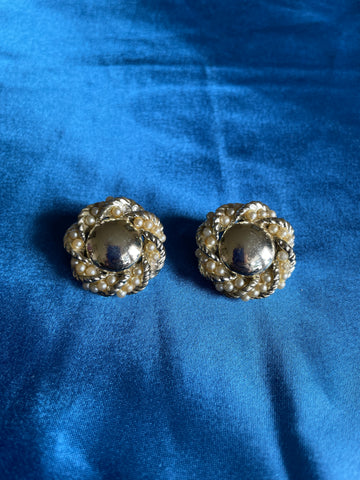 60s Vintage Silver Tone Faux Pearl Wrap Classic Clip Earrings