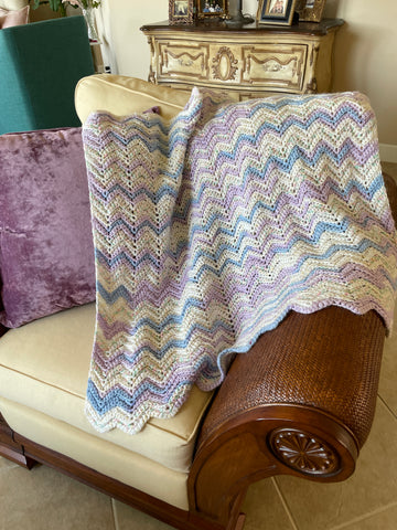 2000s Handmade Crochet Pink Blue Chevron Design Acrylic Home Decor Throw Blanket