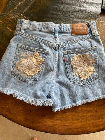2000s Levi Strauss ReLoved Cotton Blend Denim Fringed Pockets Hand Stitched Lace Accent Ribcage Shorts Sm