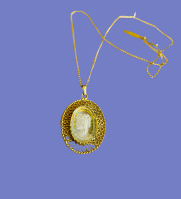 80s Vintage Whiting & Davis Gold Tone Glass Portrait Pendant Necklace