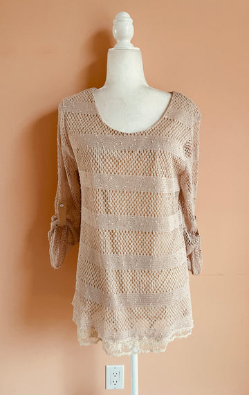 2000s Indigo Soul Beige Linen & Lace Roll Back Button Sleeve Top L