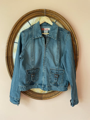80s Vintage Faded Glory Cotton Denim Zip Front Belt Buckle Pockets & Cuff Jacket M