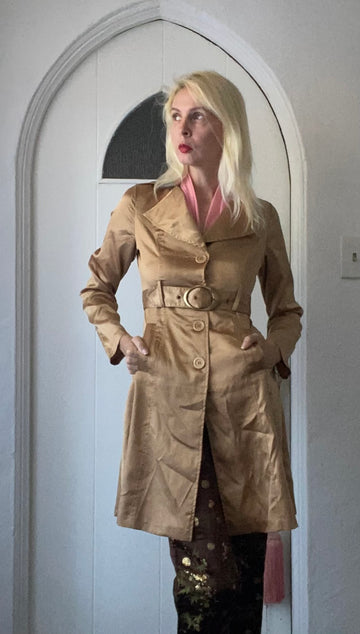 2000s Gold Poly Button Front Pockets Matching Belt High Waist Trench Coat S