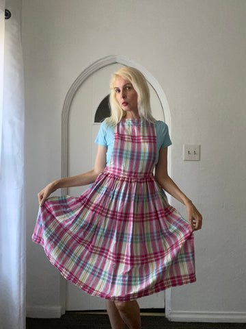 80s Vintage Cotton Red Plaid Pockets Button Strap Pinafore Dress S