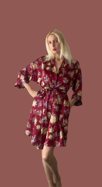 90s Dentelle Floral Print Pockets Matching Belt Wrap Robe M