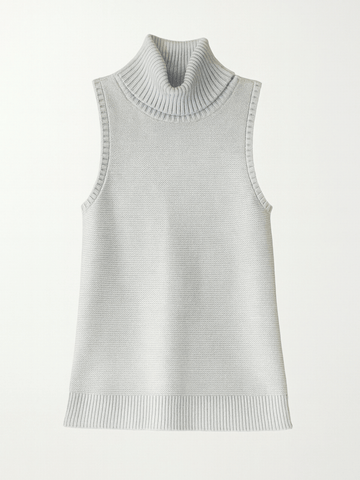 Light Blue Knitted Cotton Ribbed Turtleneck Deep Armhole Long Top S