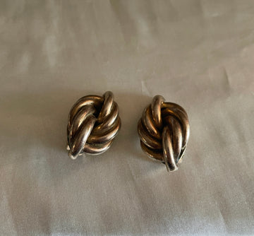 Signed Marino 80s Brass Tone Twisted Knot Clip Vintage Earrings