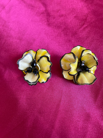 60s Unique Yellow Black Ruffle Flower Clip Earrings