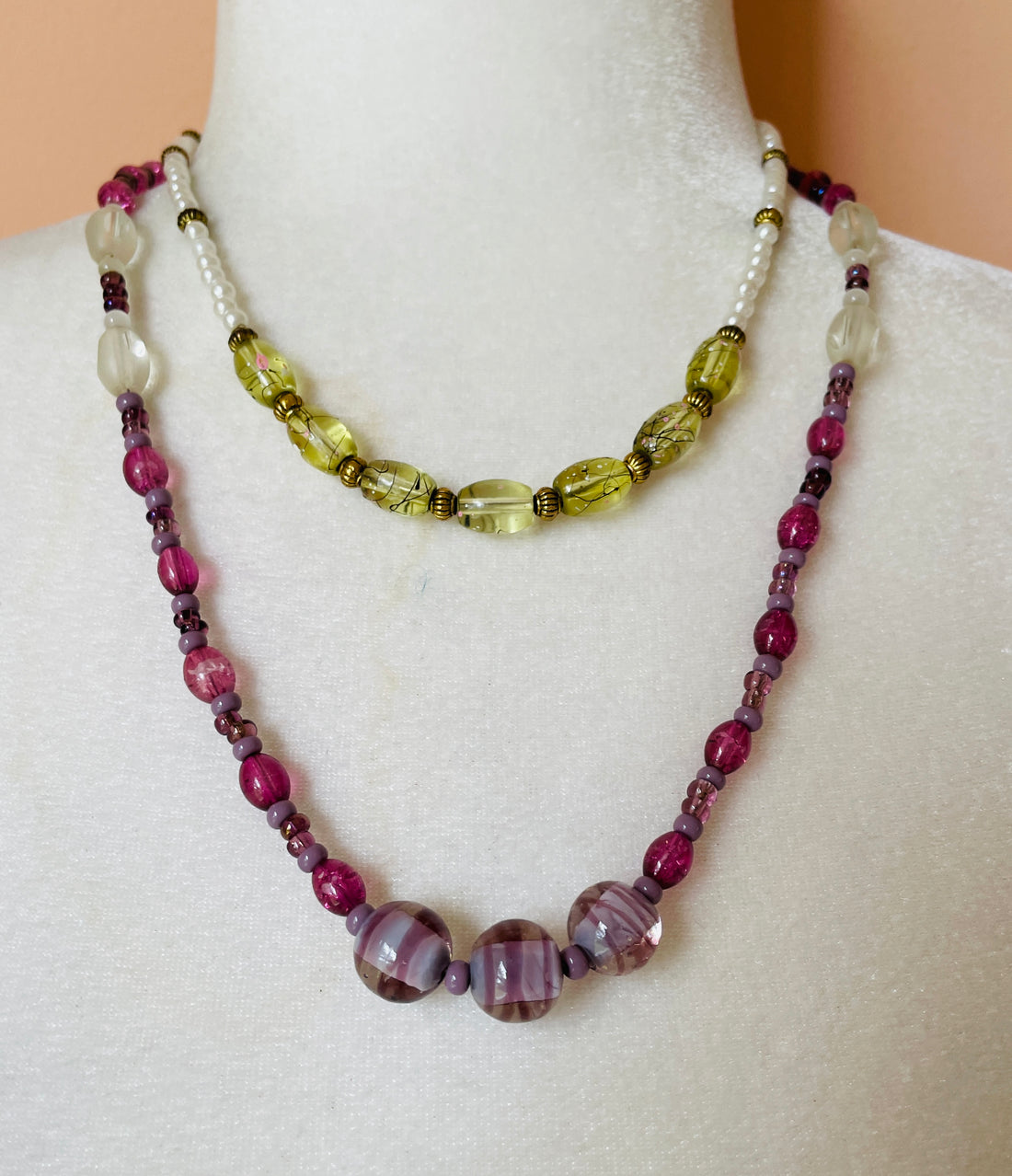90s Vintage 2 Handcrafted Purple Green Glass Beaded Faux Pearl Necklaces