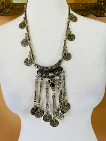 Vintage 80s Silver Tone Pewter Black Stone Faux Coins Chain Necklace.