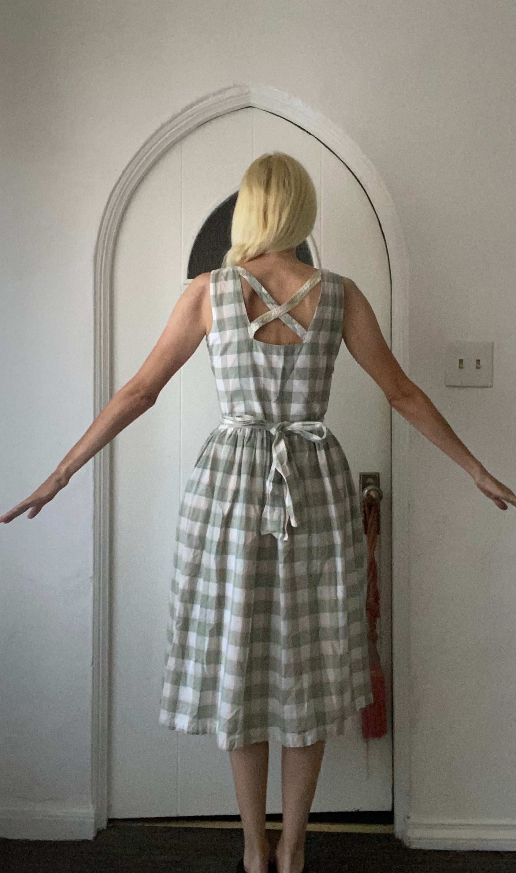  90s Vintage Green Cotton Plaid Button Front Criss Cross Back Straps Side Pockets Sleeveless Picnic Rare Dress S