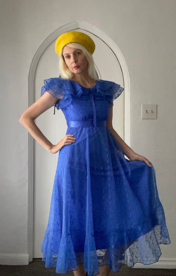 60s JC Penny Pretty Blue Sheer Party Dress X/S