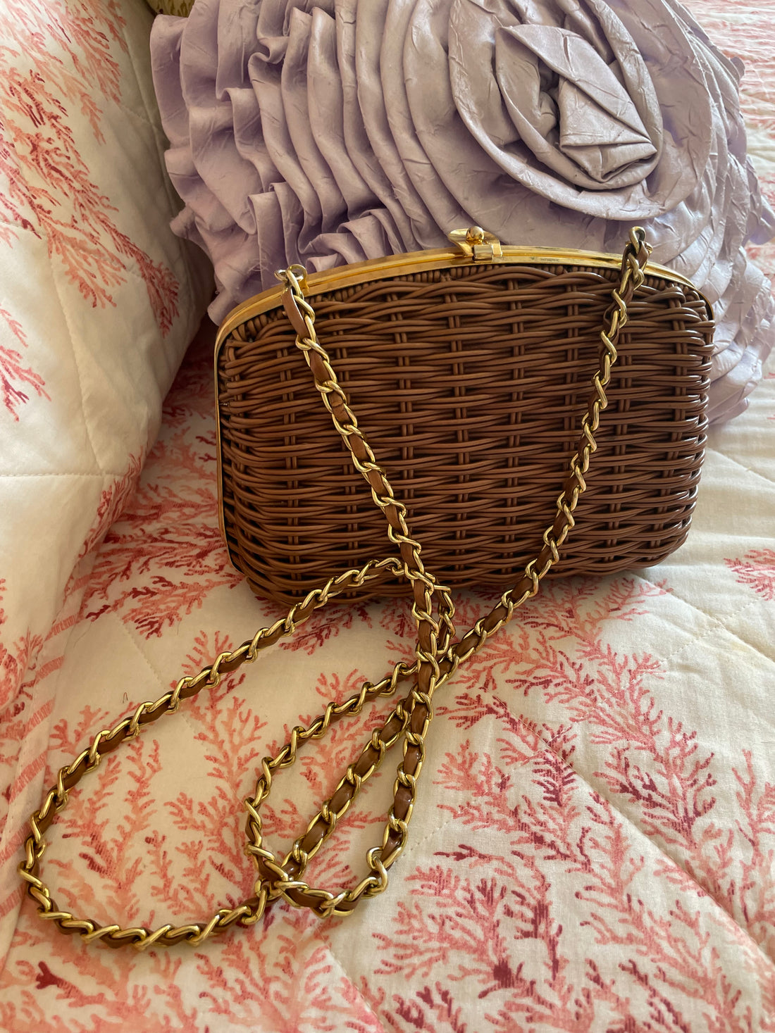 Vintage 80s Brown Woven Wicker Structured Gold Frame Purse