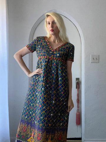 Vintage 70s Stunning Green Handmade Quilted Beaded Faux Pearl Long Dress X/S