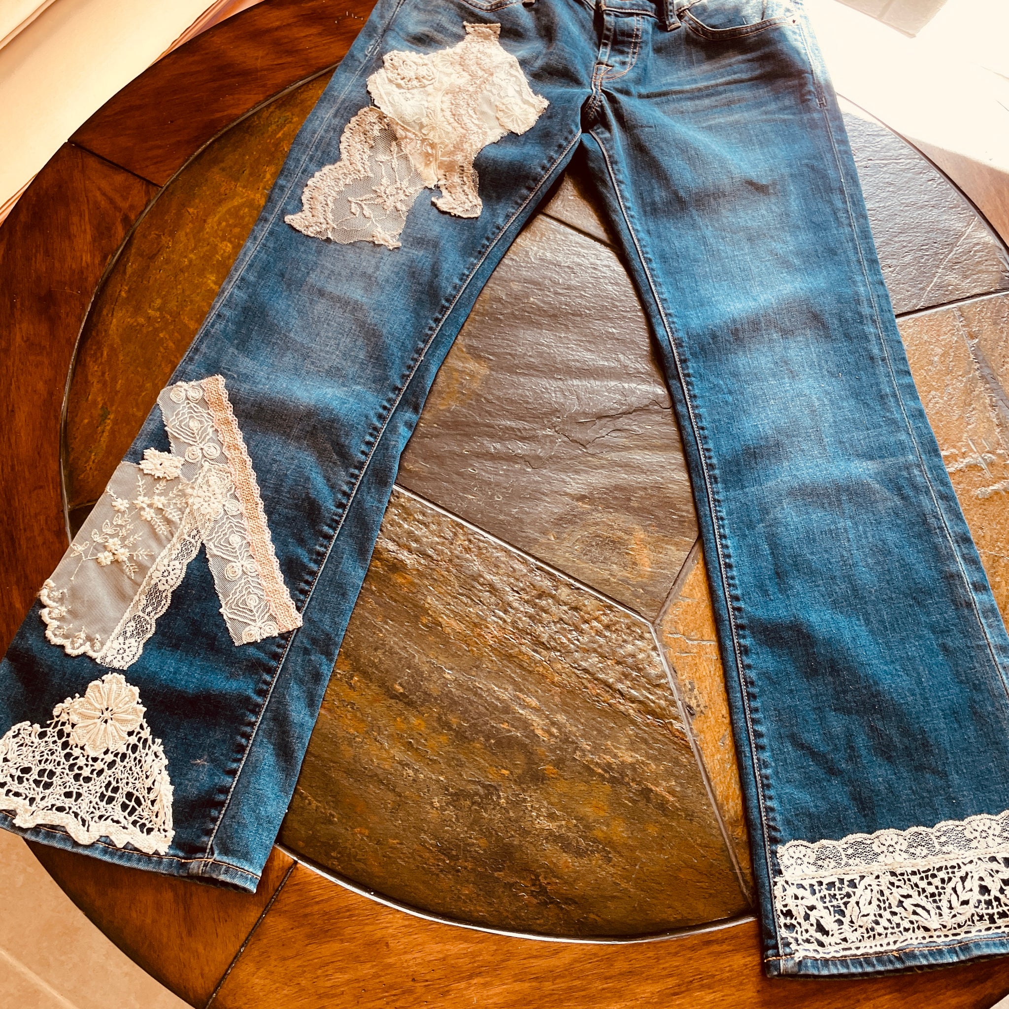 2000s Lucky Brand Cotton Denim Hand Embellished Antique Vintage Lace Tattered Back Pockets One of a Kind Jeans M