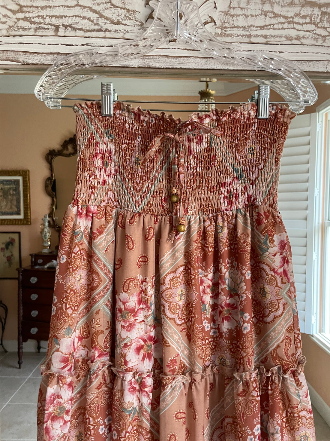 2000s Poly Floral Paisley Tiered Boho Maxi Skirt or Strapless Dress M