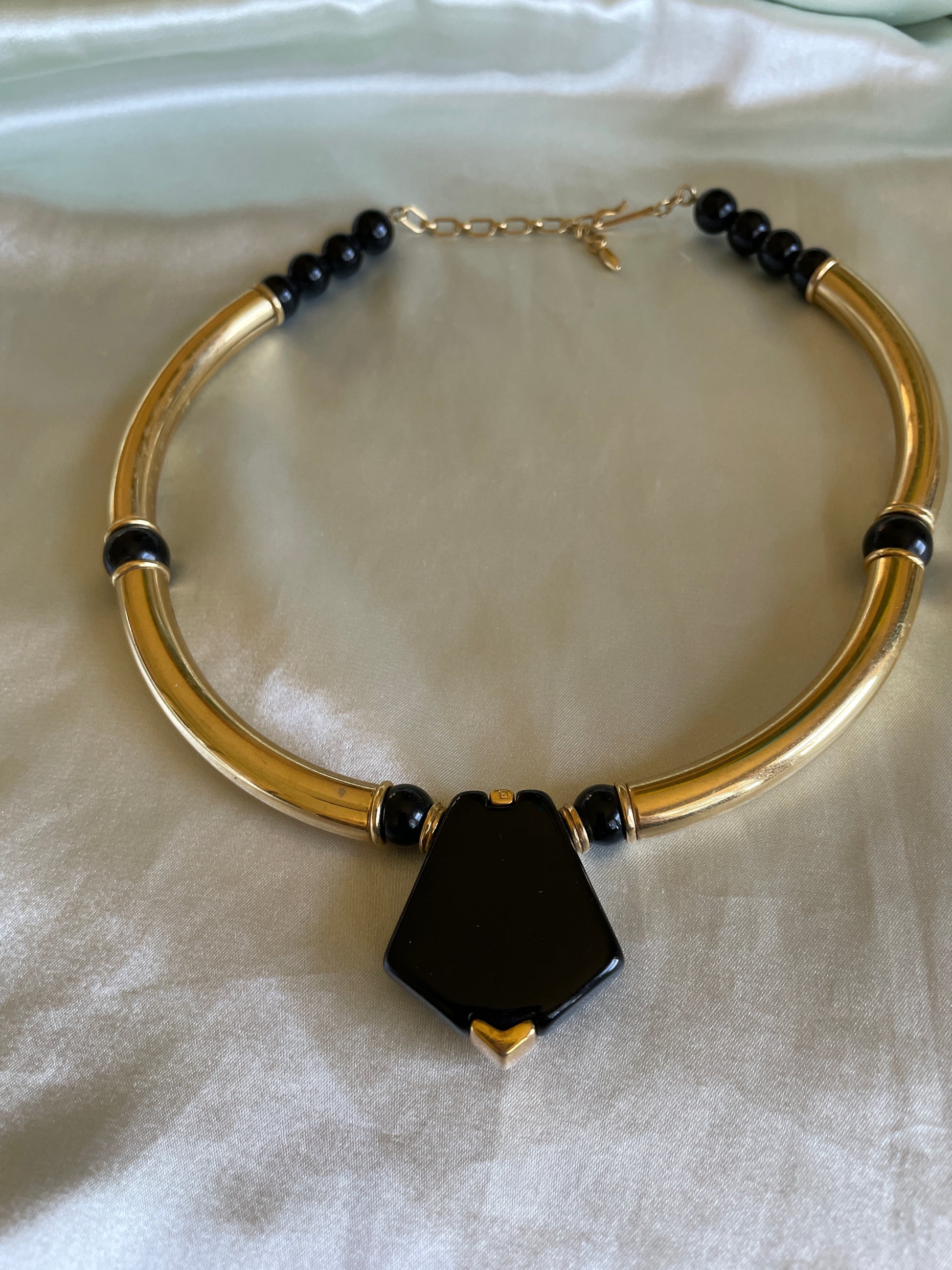80s choker necklace  80s Art Deco Style Gold Brass Tubular Black Cabochon Statement Choker Necklace