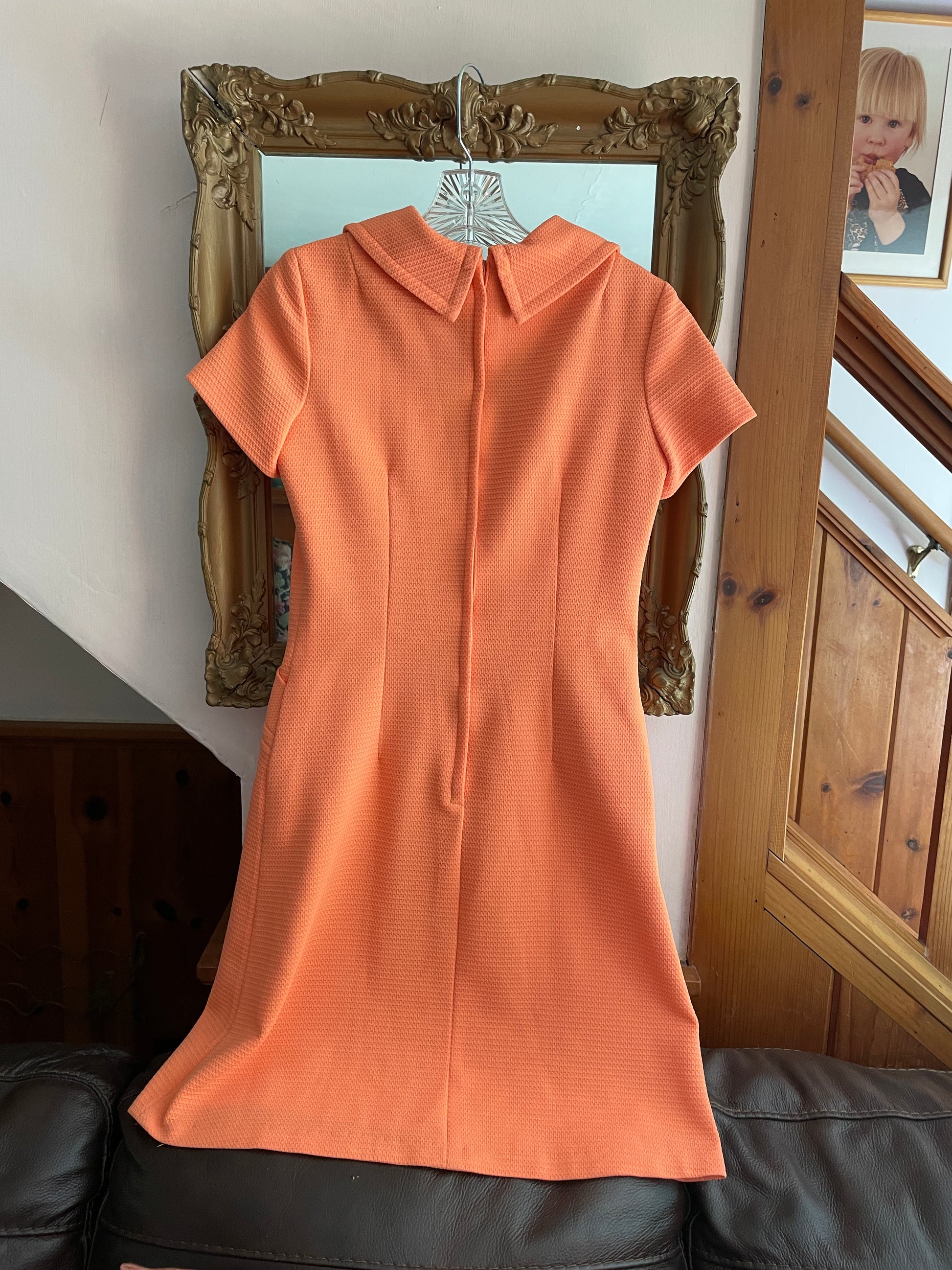  70s Mod Style Coral Poly Faux Flap Pocket Cool Dress S