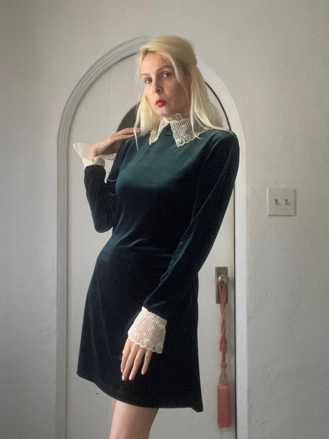 90s Vintage Forest Green Velvet Lace Doily’s High Collar Dress M
