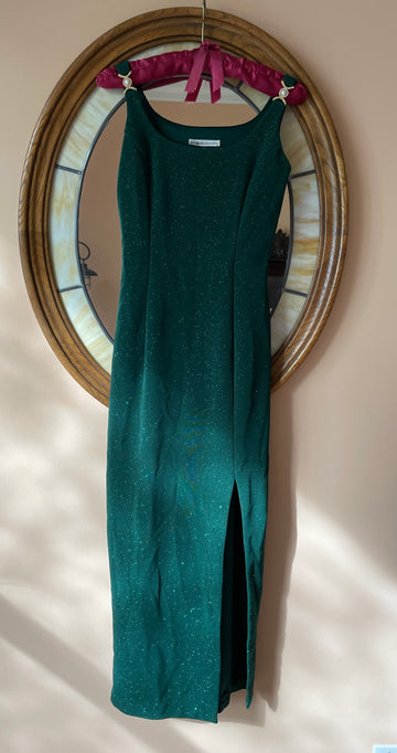 80s Scott McClintock Green Sparkly High Slit Glam Maxi Dress X/S