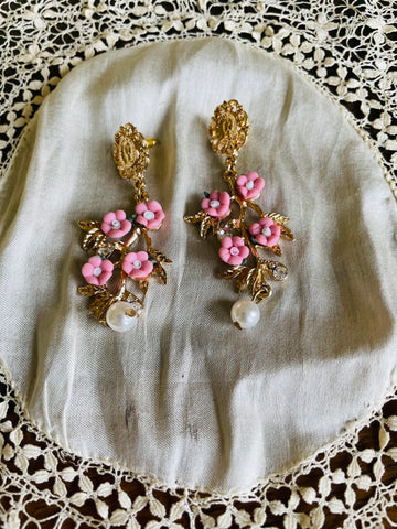Pretty Pink Enamel Flowers Gold Tone Pierced Earrings
