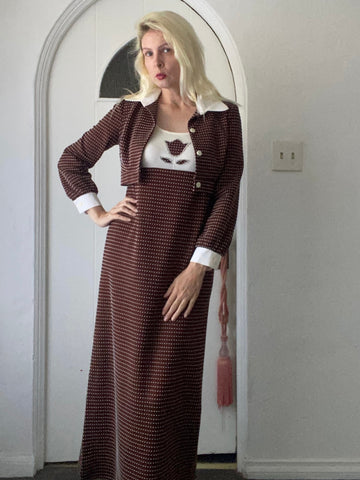 70s Vintage Jerell of France 2 Piece Matching Maxi Dress & Cropped Jacket Handmade