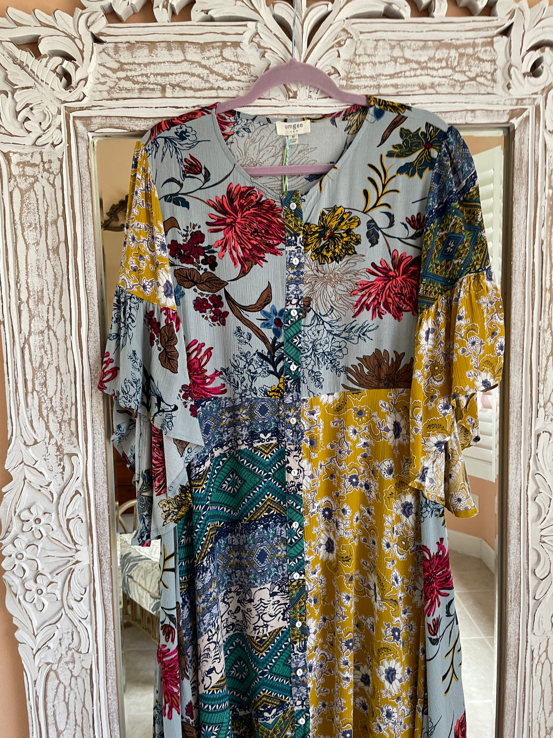 Mix Floral Print 200% Rayon Angel Sleeve Casual Caftan Dress M