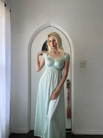 Vintage Minty Green Nylon Puff Sleeve Puff Sleeve Maxi Lingerie Gown. Sm