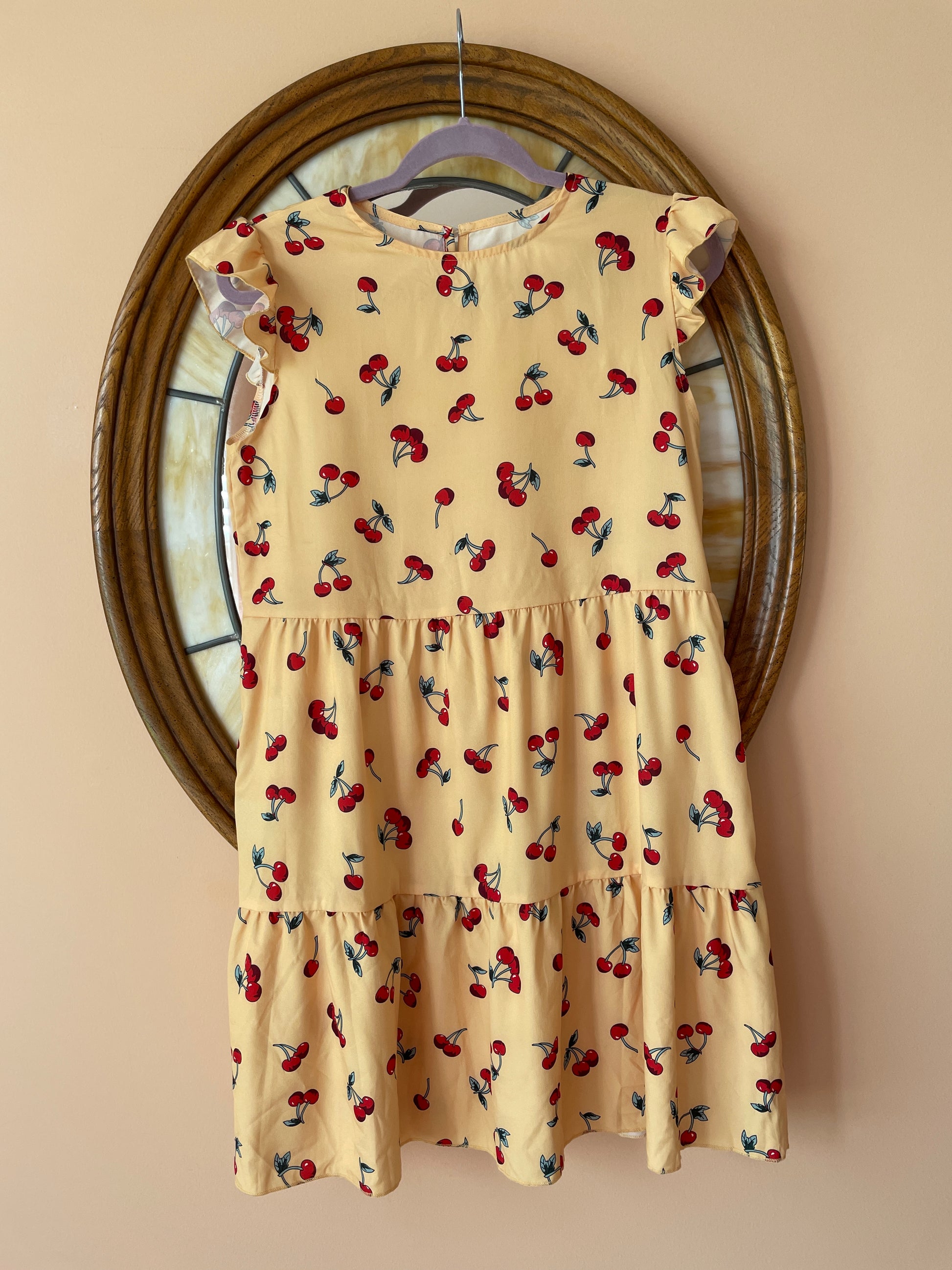 cherry print mini dress 2000s Red Cherry Print Yellow Mini Dress S