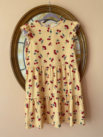 2000s Red Cherry Print Yellow Mini Dress S