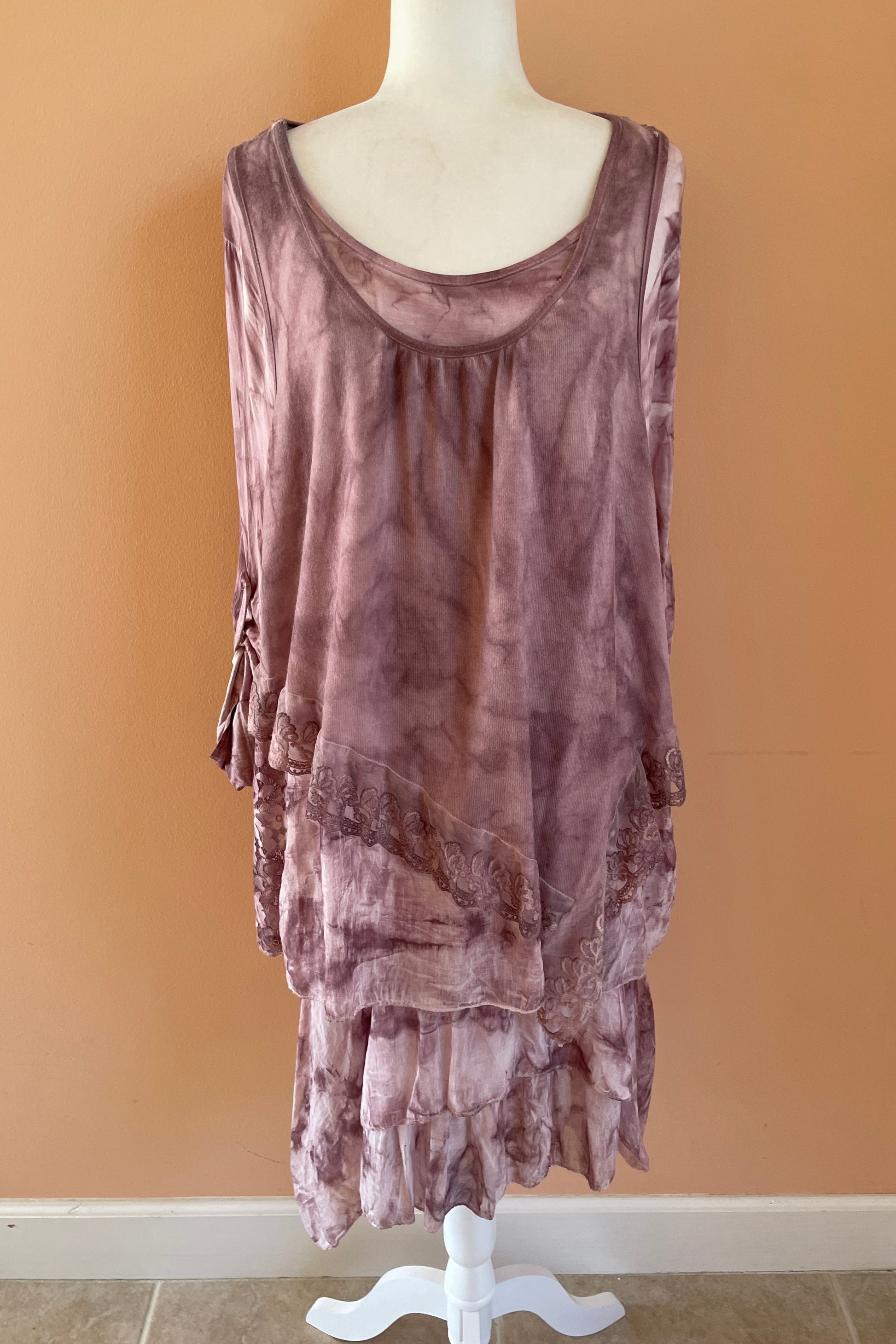 2000s Italian boho dress Made in Italy 2000s Tye Dye Draped Lace Lavender Boho Dress M