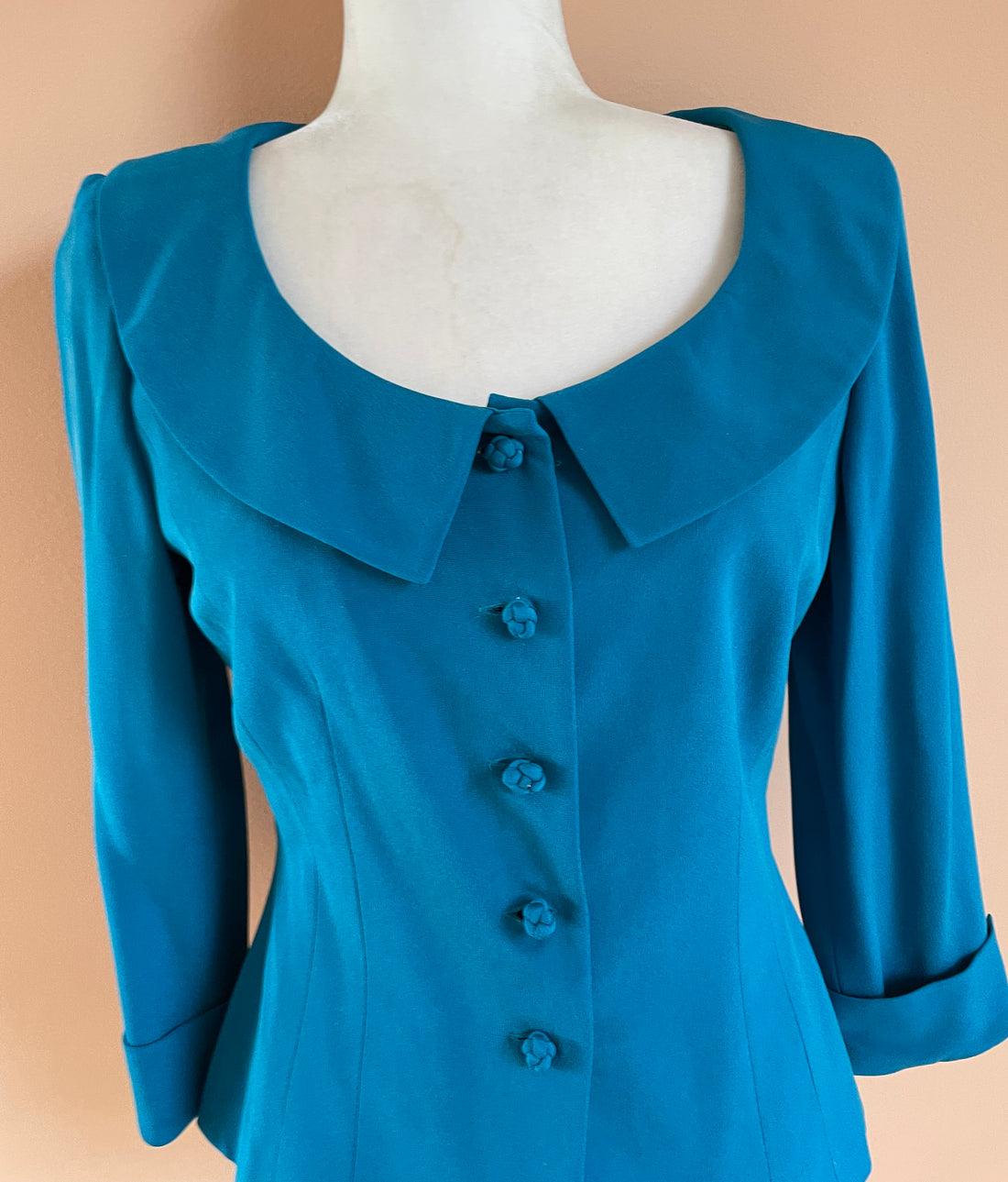 90s Vintage Maggie London 100% Silk Flower Button Blue Jacket Top S