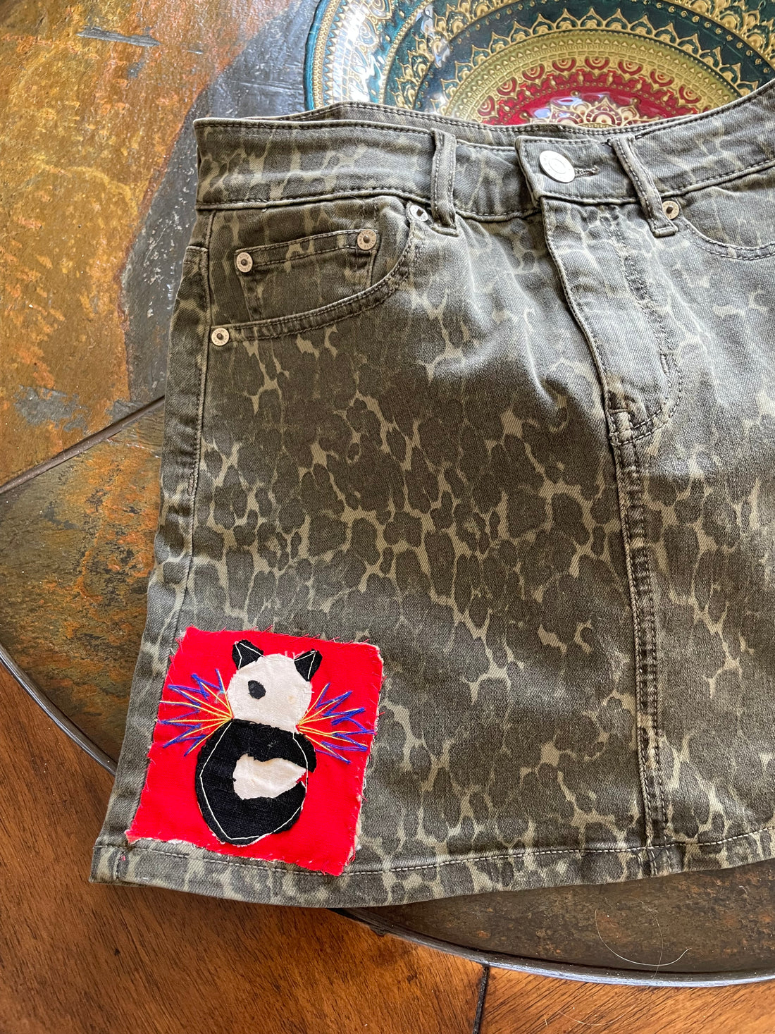 Vintage American Eagle Upcycled Kitty Cat Patch Micro Mini Skirt Sm